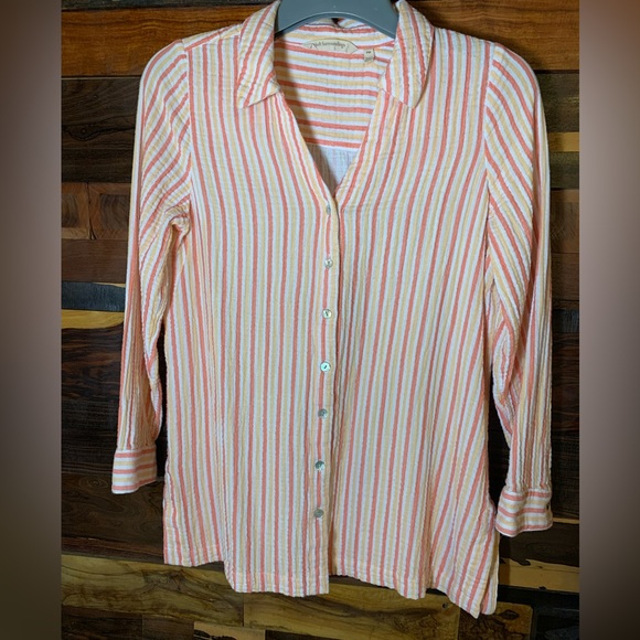 Soft Surroundings PETITE MEDIUM Escambia Gauze Shirt  Peach Orange White Stripe - Picture 7 of 14